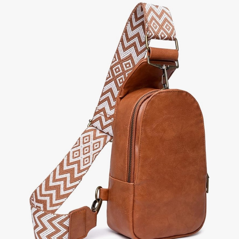 Brown Crossbody Bag with Patterned Strap
